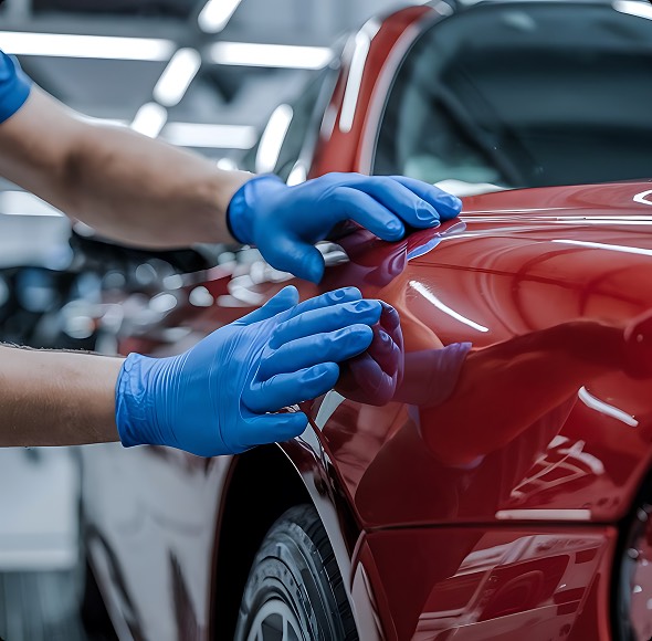 Un tecnico indossa guanti blu mentre esamina e lucida la carrozzeria di un'auto rossa in un'officina. 
