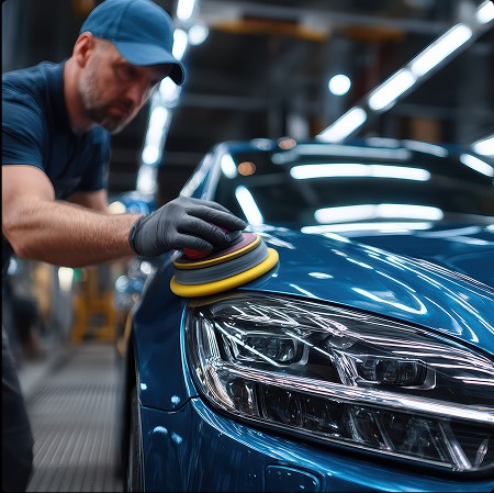 Un tecnico auto esperto utilizza una levigatrice elettrica su un'auto blu in un'officina moderna.