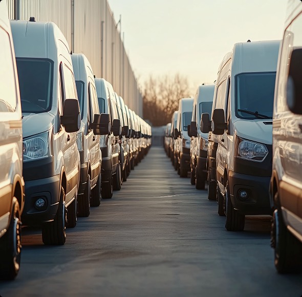 Una fila di furgoni bianchi parcheggiati in un deposito sotto la luce del sole al tramonto.