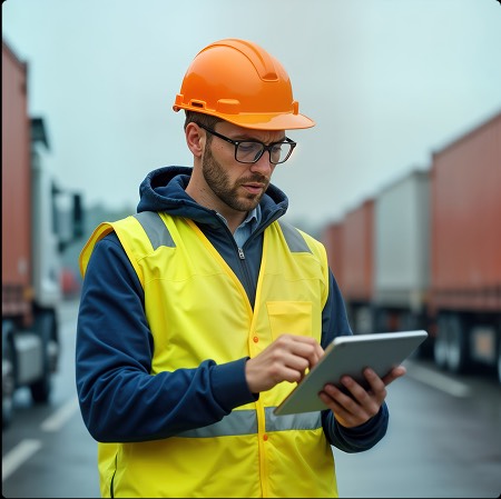 Un lavoratore indossa un casco arancione e una giacca ad alta visibilità. Sta utilizzando un tablet per monitorare le operazioni di manutenzione.