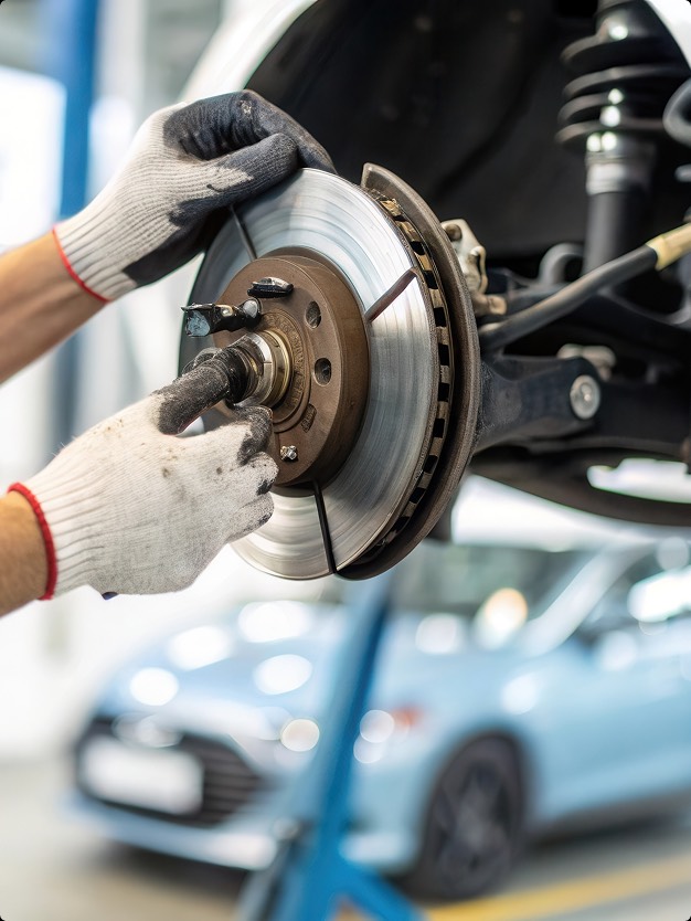 Un tecnico automobilistico verifica e lavora su un disco freno di un veicolo mentre utilizza strumenti. Le mani sono coperte da guanti bianchi.