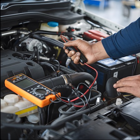Una mano tiene un tester elettrico mentre controlla il motore di un'auto. Lo strumento è posizionato su un tubo del motore, con cavi e batteria visibili.